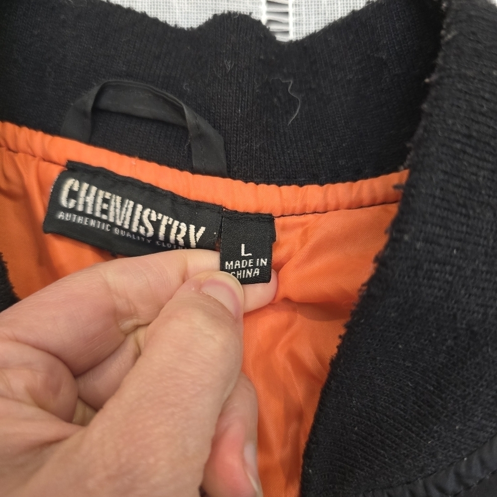 NASA Bomber Jacket With Patches Chemistry Brand Black With Orange Lining Sz Larg - Picture 8 of 16